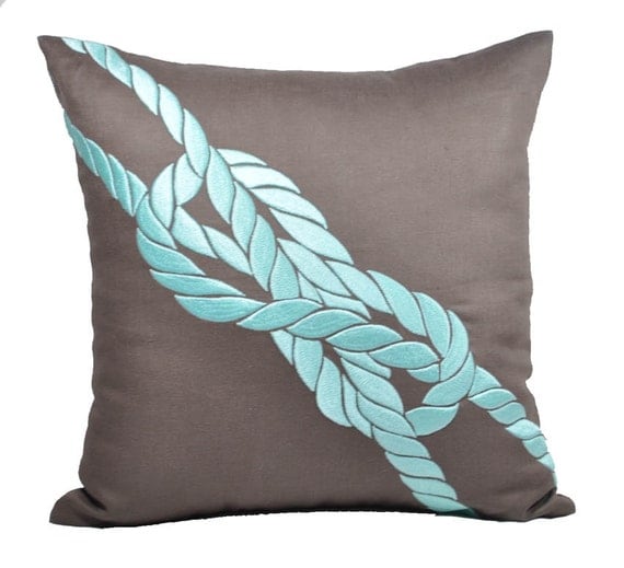 Pillow Cover, Decorative Throw Pillow Cover, Turquoise Pillow, Nautical Pillow,Taupe Brown Linen ...