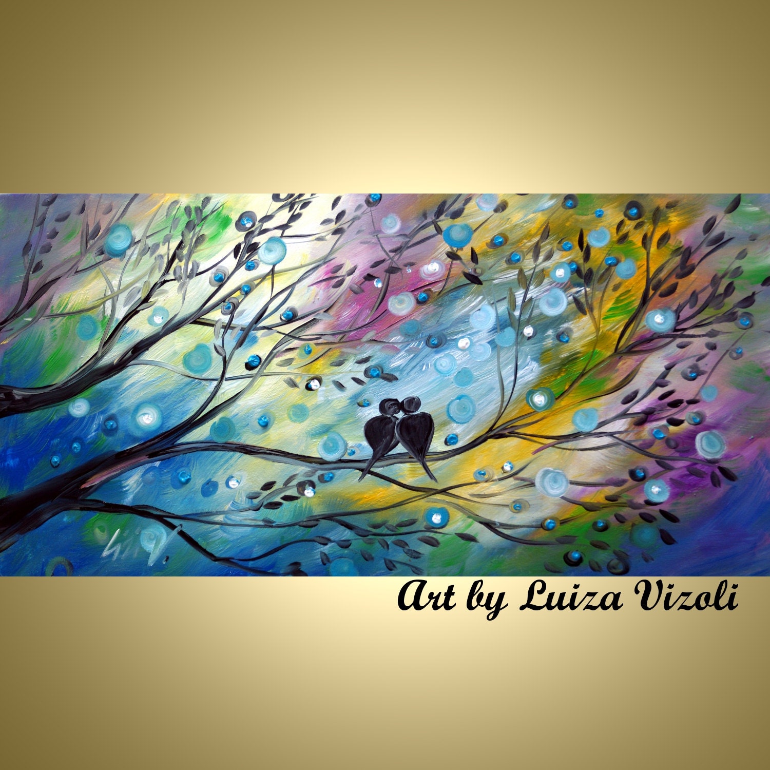 Original XLarge Modern Painting Fantasy Lovebirds Tree Landscape SPRING EVENING with YOU by Luiza Vizoli, 48x24