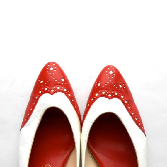 red and white spectator pumps