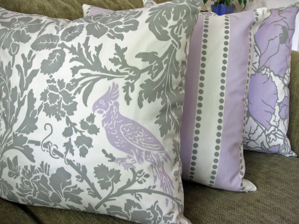 Decorative Pillow Covers, Set of Three 18" x 18",  Storm Gray, White & Lavender, Bird Motif, Stripes and Floral - ByJudianne