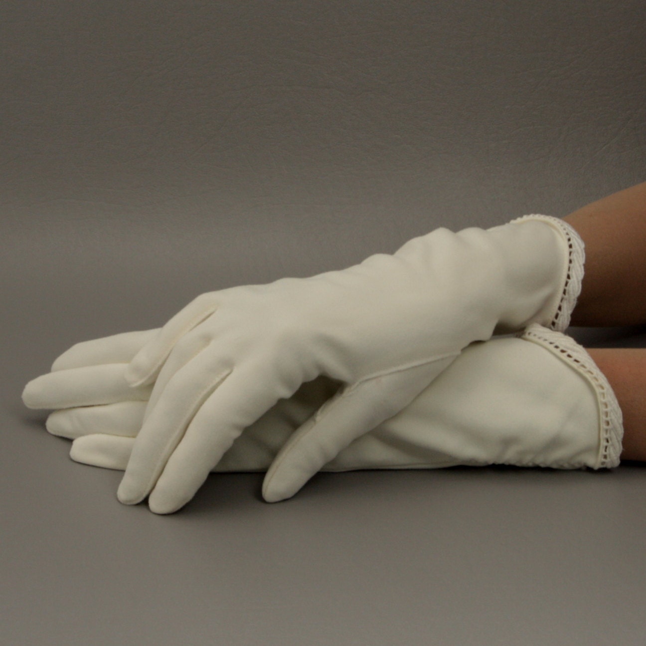 White Vintage Gloves Lace Trim Ruched Over by FancyNancyVintage