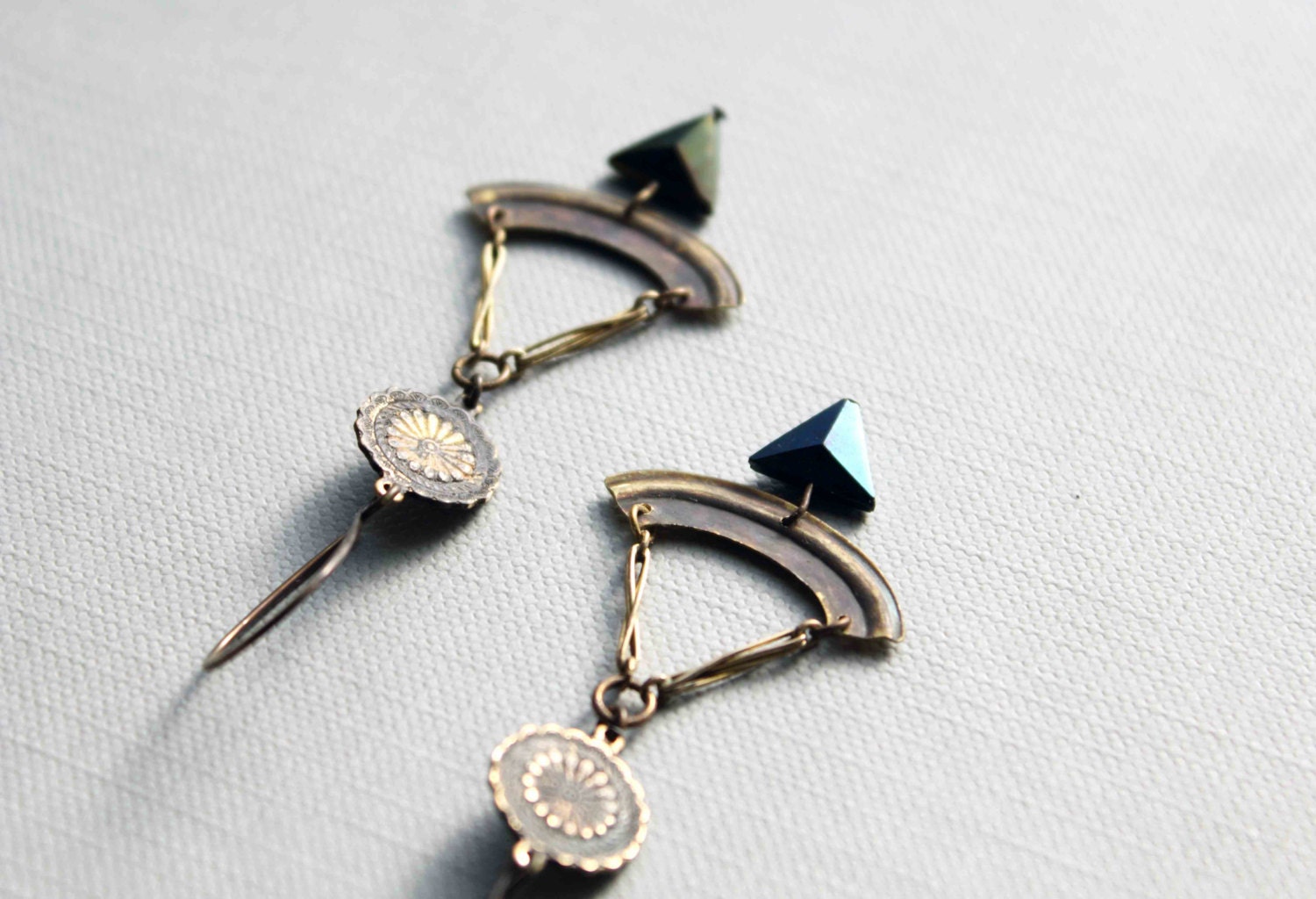 Compass earrings vintage brass triangle beads reclaimed parts - LucieTales