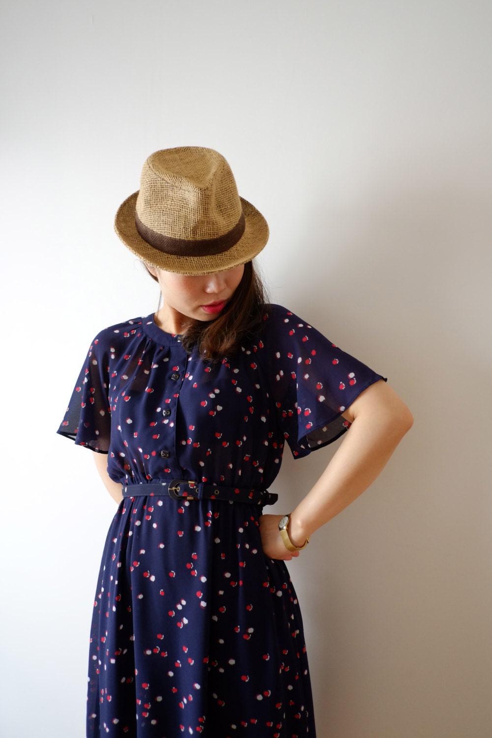 HOLD - Dark blue with red Japanese vintage dress, xs - s