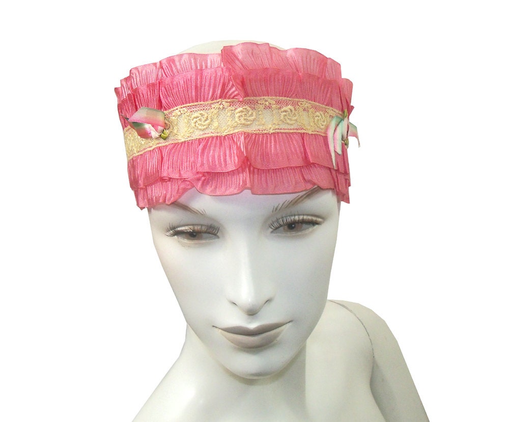 Antique 1920s Flapper Boudoir Bandeau Band Rose Petal Pink Silk with Lace Trim - PinkyAGoGo