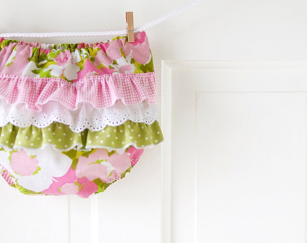 Ruffle Butt Diaper Cover Bloomer- Pink and Green Vintage Watercolor Floral- 3m 6m 12m 18m- Baby Shower Gift- Baby Spring Fashion- Recycled - ChirpAndBloom Ruffle Butt Diaper Cover Bloomer- Pink and Green Vintage Watercolor Floral- 3m 6m 12m 18m- Baby Shower Gift- Baby Spring Fashion- Recycled - ChirpAndBloom