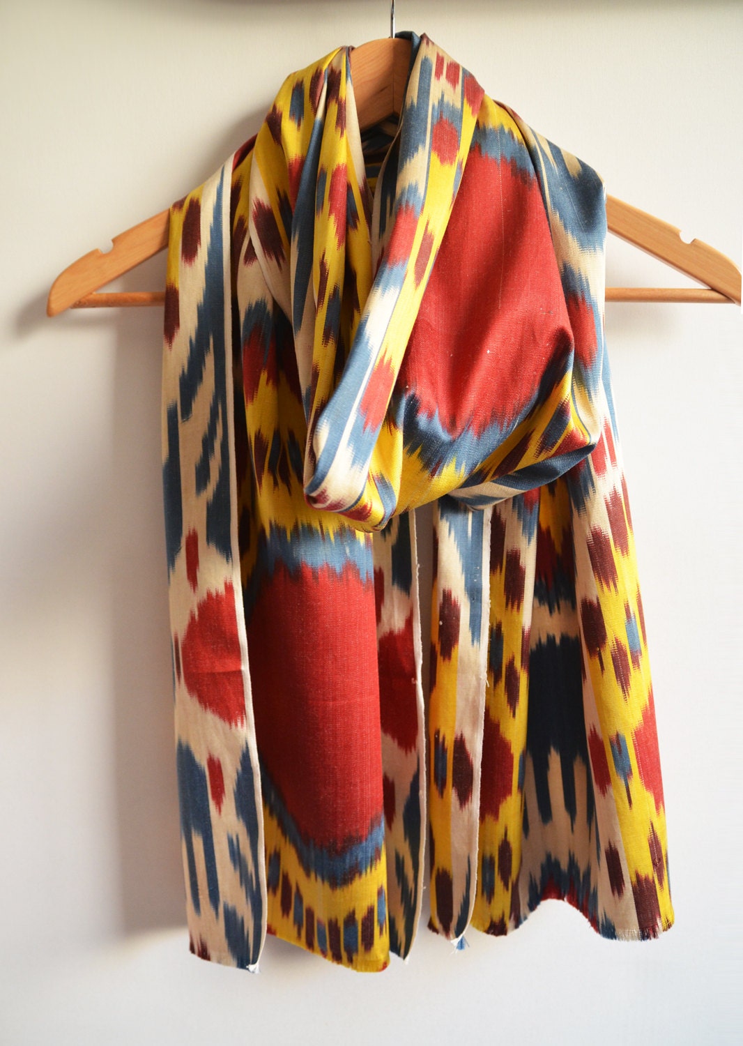 Sukan / hand woven silk ikat scarf - ikat scarf - ikat scarves - silk scarf - tribal scarf - red yellow blue ivory