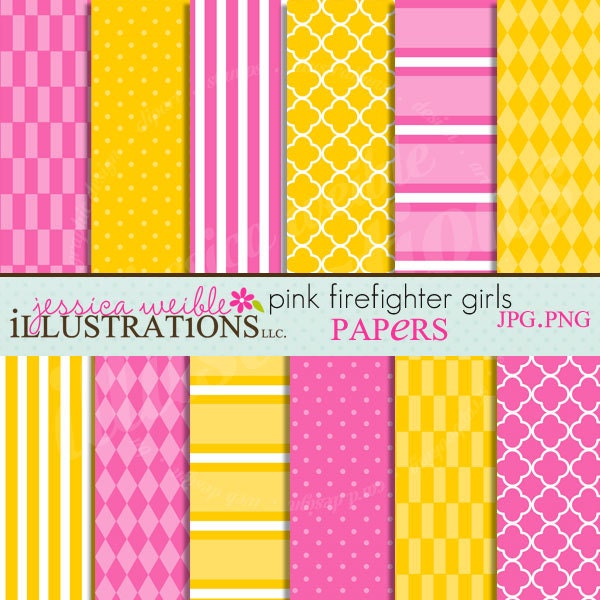 Pink Firefighter Girls Cute Digital Papers Backgrounds for Invitations, Card Design, Scrapbooking, and Web Design, Pink and Yellow Papers Il_570xn