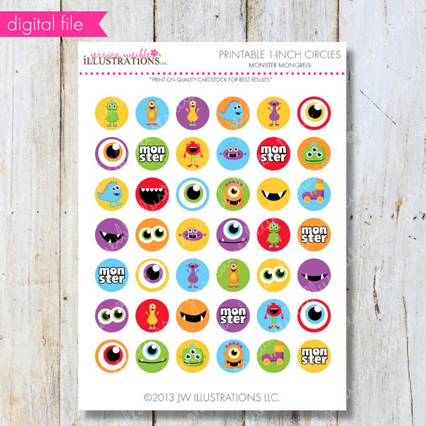Monster Mongrels Theme Printable 1 inch Circle Collage Sheet, 1-inch Bottle Cap Circles, Digital File Il_570xn