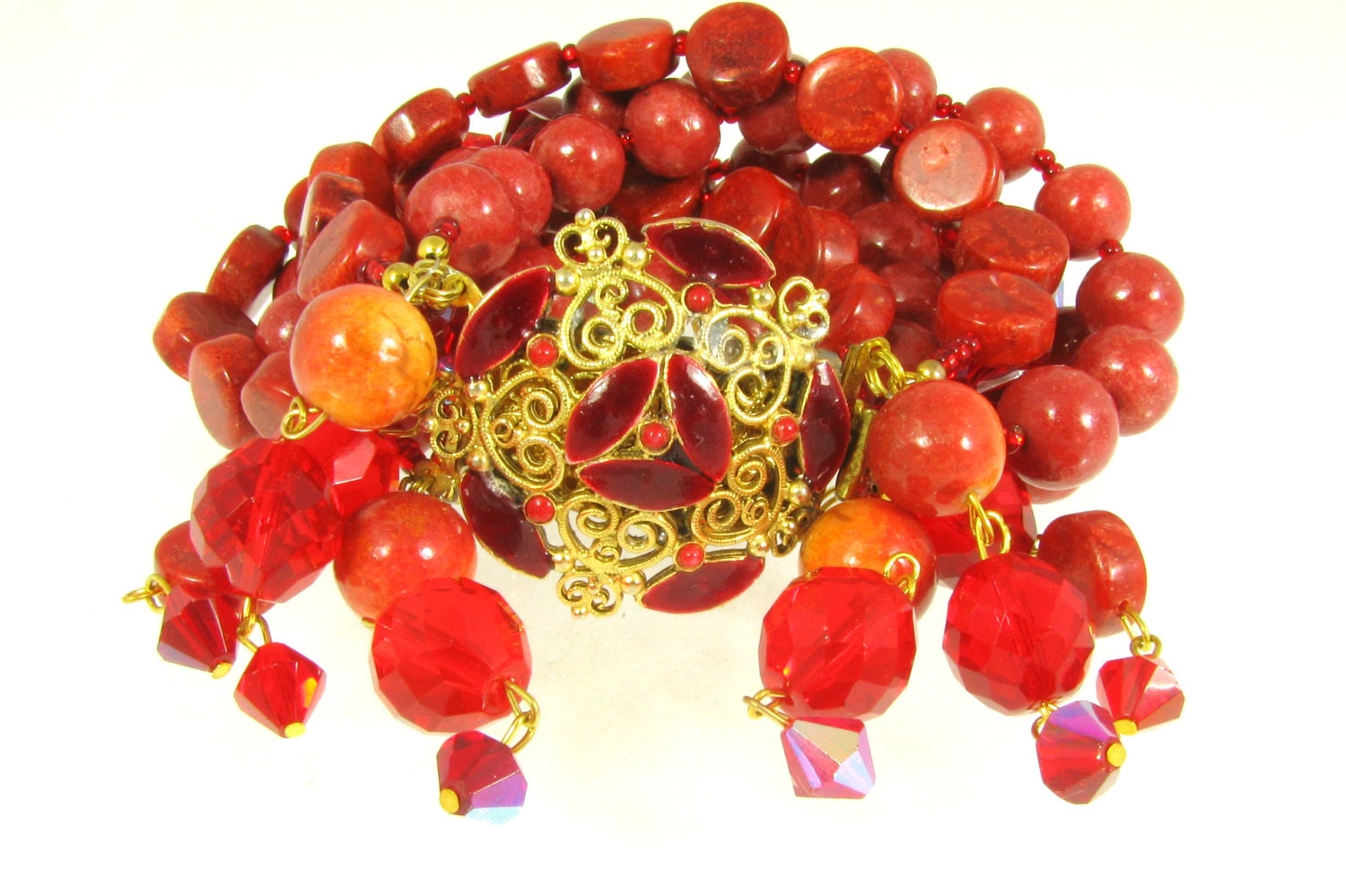 Coral Bracelet- Fashion Jewlery-Red bracelets-Statement Cuff-Coral Jewellery-Vintage Inspired-Unique Bracelets-Red,Orange,Gold Tones - katstreasureshop