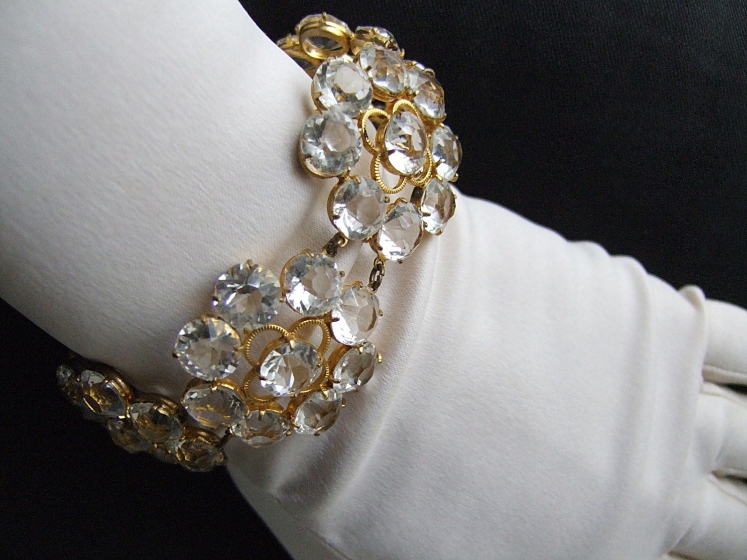 Old Hollywood Crystal Bracelet Vintage 40's Crystal Flower Bracelet Sparkling Clear Open Back Prong Set Crystals 1" Flowers Statement Piece - materialmemorieslane