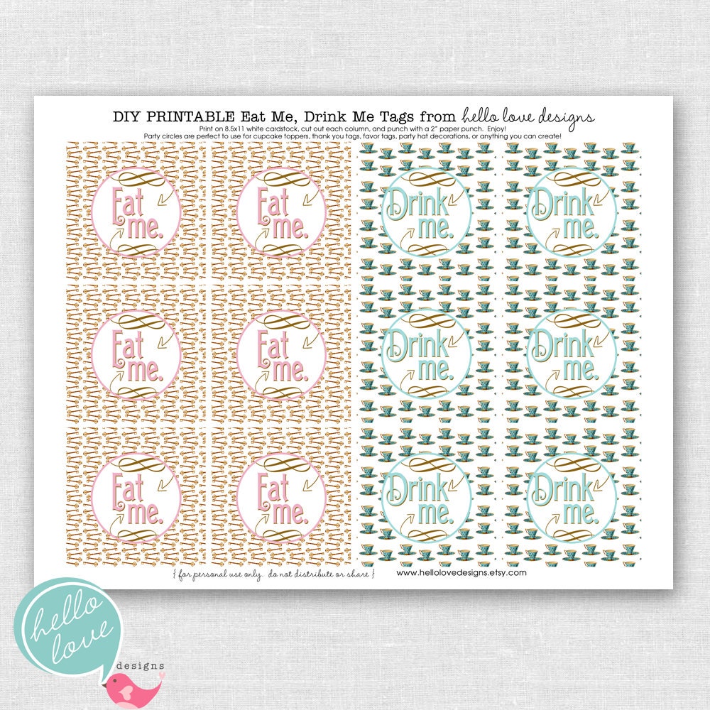 Instant Download Alice in Wonderland Party Printable Eat Me Drink Me Tags - hello love designs Il_570xn