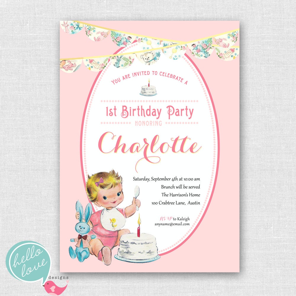 Vintage Baby's First Birthday printable invitation for girl Il_570xn