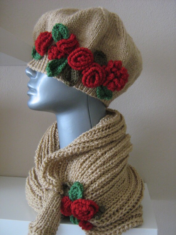 Handknitt hat and scarf, cowl, wrap, shawl