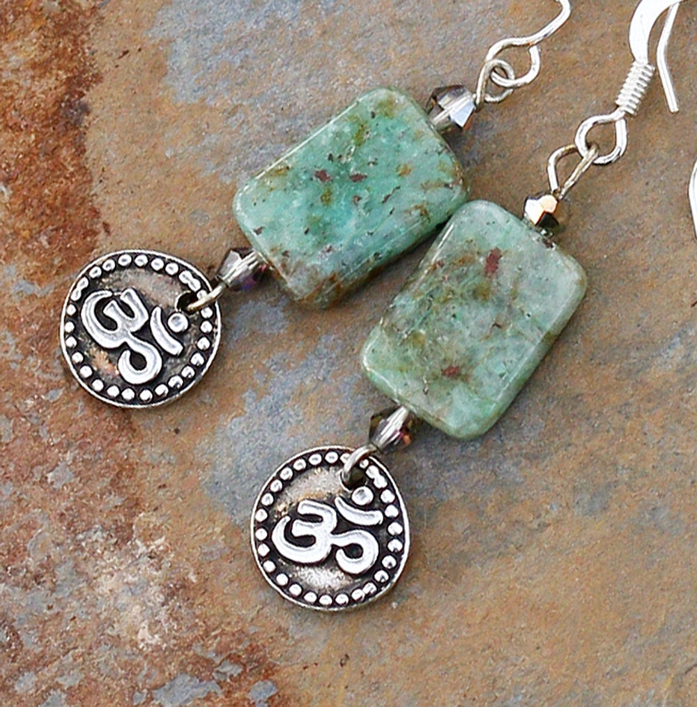 Yoga Earrings, Green Stone, Red Line Jasper, Natural Stone, Beaded, Spring, Handmade