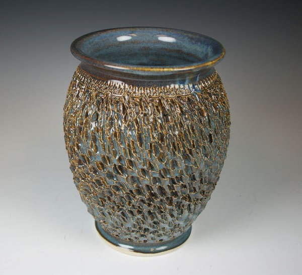 Ceramic Textured Vase in Blue Rutile Glaze by GibsonPottery