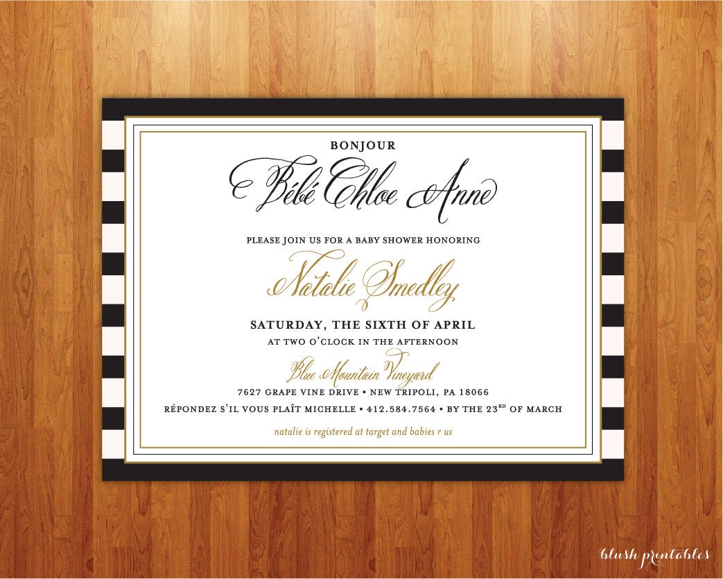 French Inspired Baby Shower Invitation - Stripes - Bebe - 5x7 JPEG Printable DIY File Il_570xn