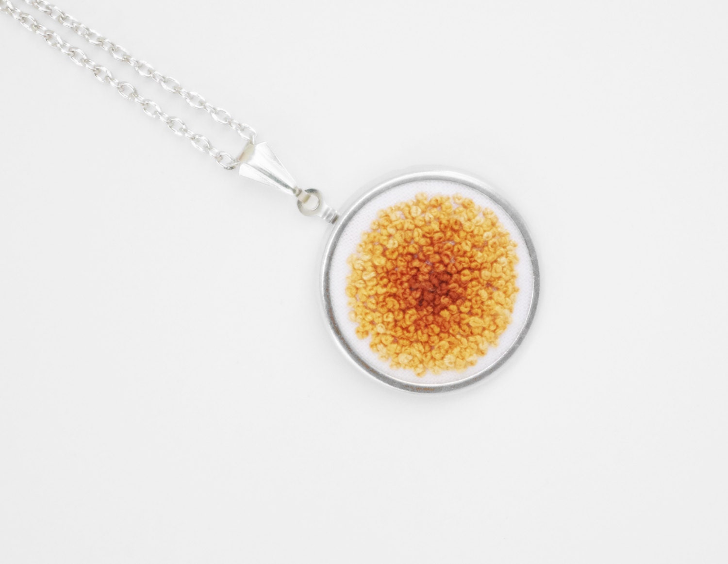 Fiber Art Jewelry - Round Ombre Orange Necklace Pendant - Silver, Hand-Embroidered PENDANT ONLY - sometimesiswirl