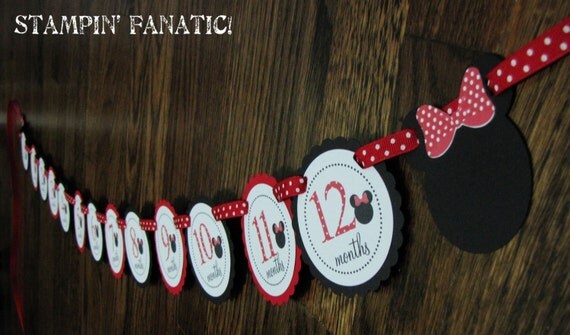 Minnie Mouse Inspired. Just Born/0-12 mos Picture Hanging Banner. Black and Red. First Birthday Banner. Minnie Photo Banner. Il_570xn