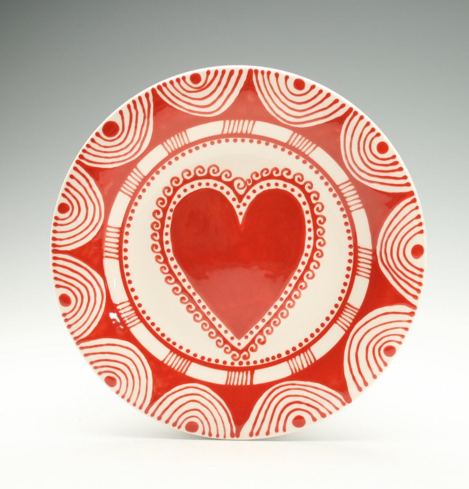 Items similar to Bohemian Heart Plate Hand Painted Red and White Salad