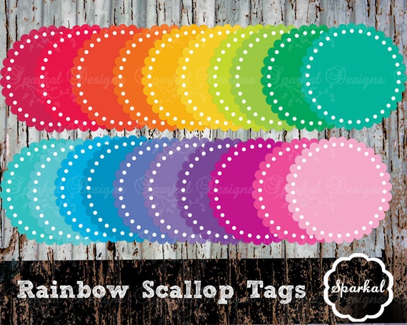 Scallop tags, Round Eyelet Scallop Tags, Gift Tags, Rainbow Eyelet Tags Scalloped Circle Tags Invitation Clipart Instant Download Il_570xn