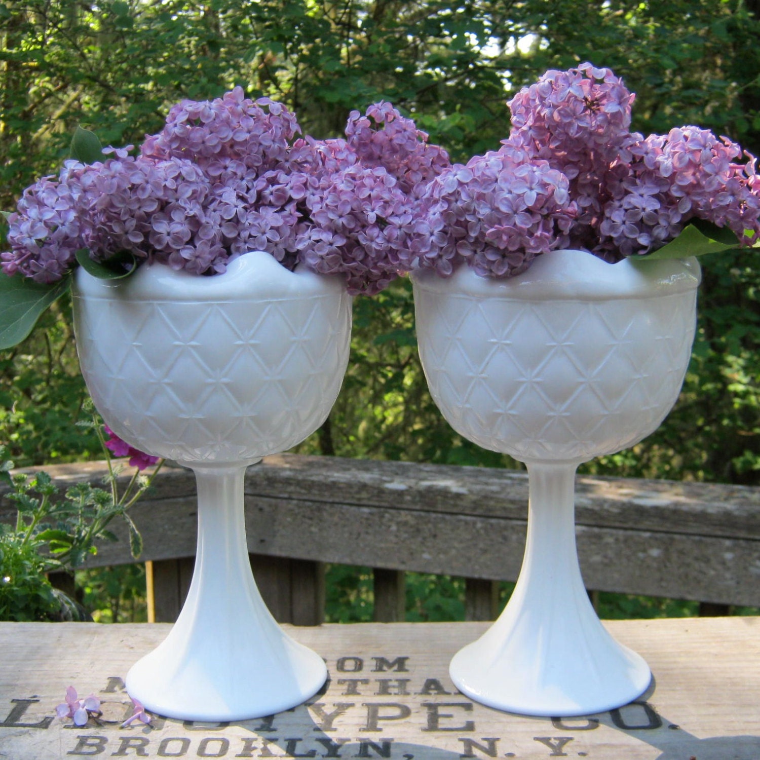 Pair of Milk Glass Quilted Compotes With Crimped Edge