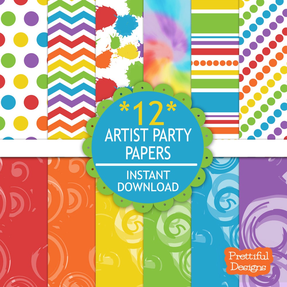 25% OFF SALE Digital Paper Pack Artist Party Rainbow Color Paper Chevron Tie Dye Paint Splotches (571) Il_570xn