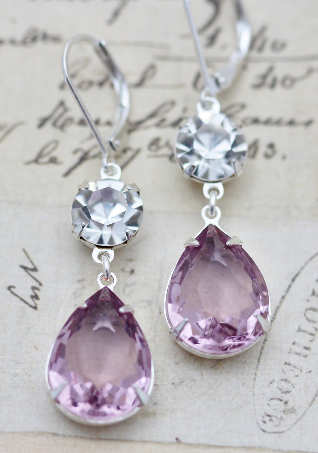 Light Purple Amethyst Clear Crystal Glass Earrings Silver