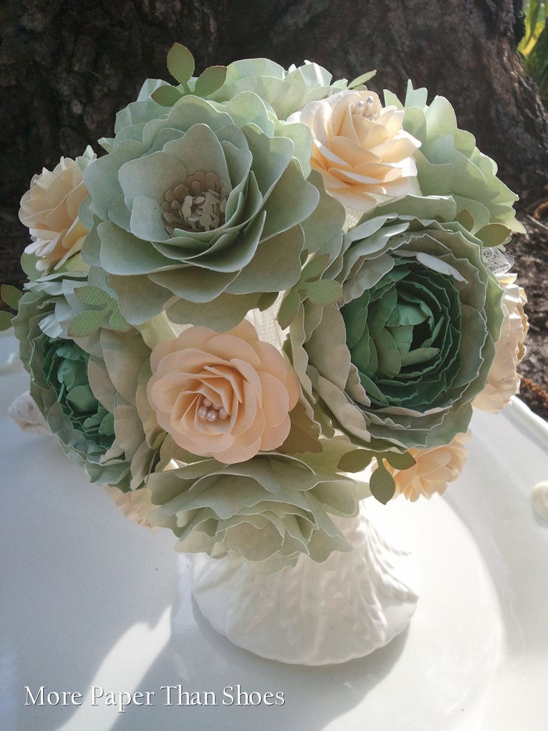 Paper Flower Wedding Bouquet Sea Foam And Ivory Bride or Bridesmaid