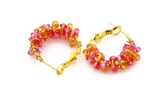Hoop earrings Bollywood saffron yellow lemonade pink swarovski crystals - Ahkriti