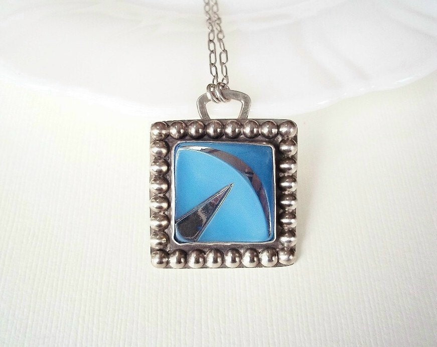 Art Deco Necklace. Vintage Blue Square Glass Button in Sterling Silver Necklace. Mothers Day Gift