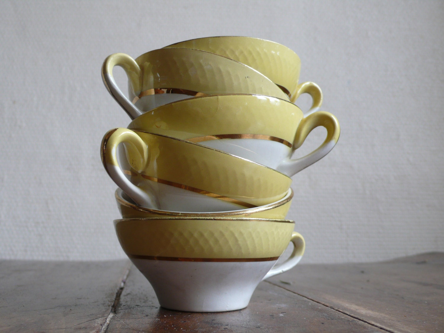french vintage cups, espresso, yellow and white, gold,  tea, hot chocolate, antique,  French vintage housewares by ancienesthetique on etsy - ancienesthetique