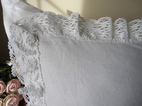 White linen euro shams cotton bobbin lace ruffle trimmed - shabby chic ...