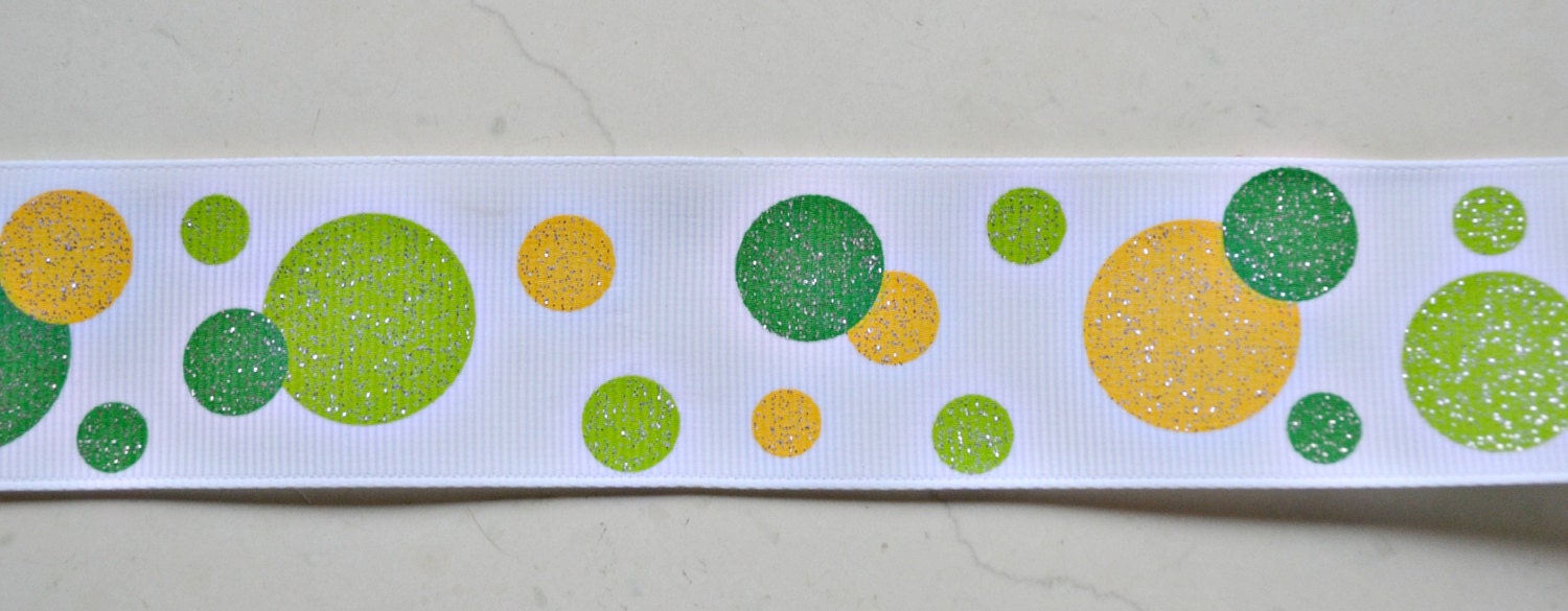 Green and yellow glitter dots on white 1 1/2" grosgrain ribbon- St Patricks day Oregon Ducks Il_570xn