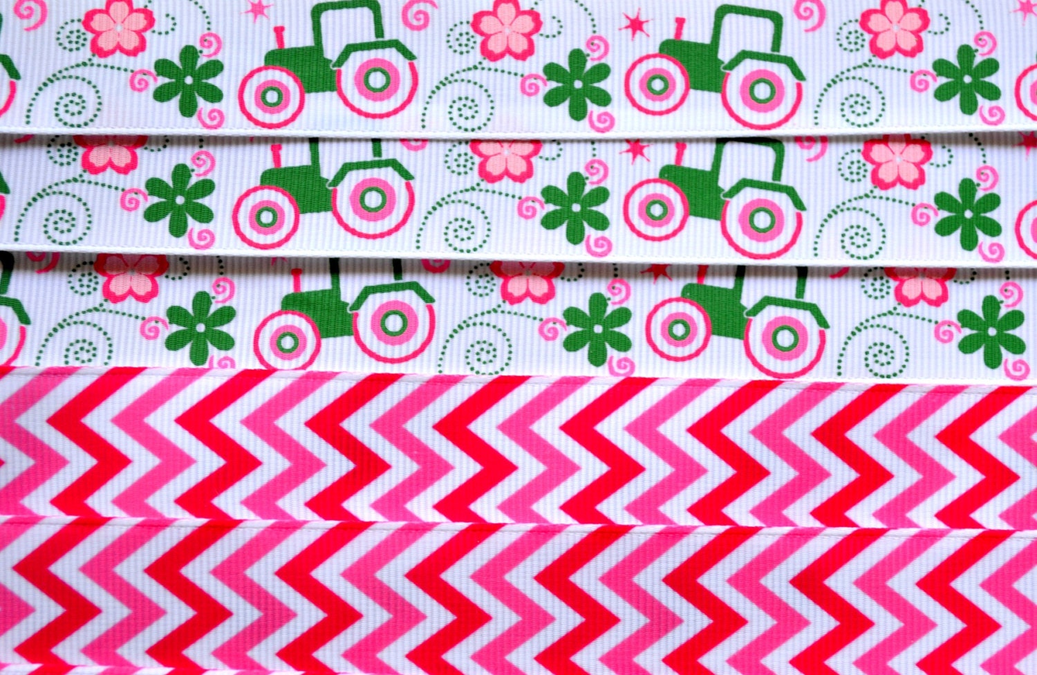 Pink tractors & flowers with coordinating raspberry chevron 7/8 inch grosgrain ribbon Il_570xn