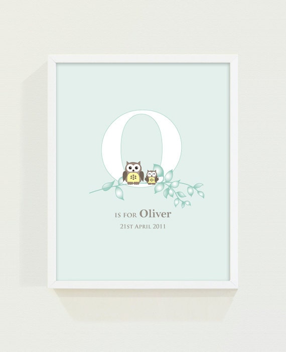 Custom Child's Keepsake Initial Print - Any Name Owl Print Blue Il_570xn