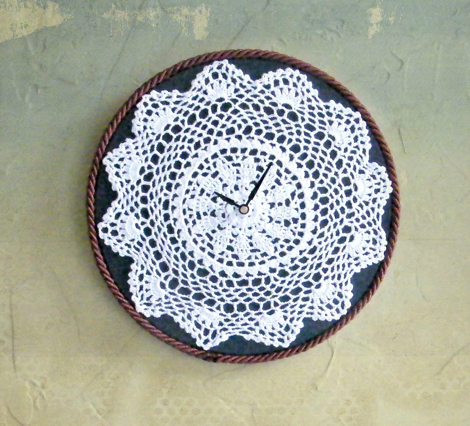 White Lace Clock Country Style Shabby Chic Clock Navy Blue Girl's Room Doily Clock Upcycled Home Decor Cottage Decoration - IsItNoonYet