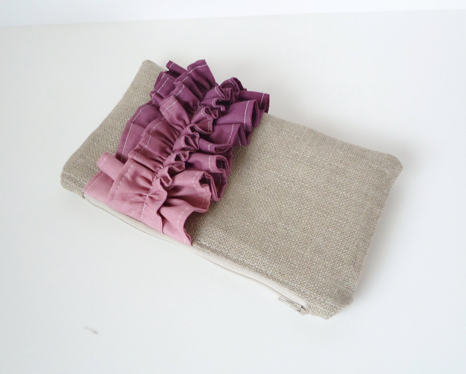 Purple Ombre Linen Burlap Ruffle Clutch - Lavender Bag - Ombre Wedding - Plum Wedding - JuneberryStitches