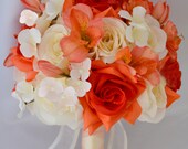17pcs Bridal Bouquets Wedding Silk Flower Decoration Package CORAL IVORY ORANGE "Lily of Angeles"