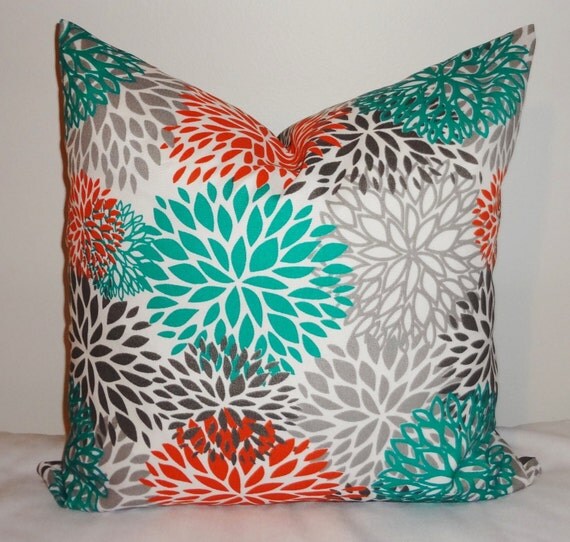 OUTDOOR Pillow Flower Burst Teal Orange Grey Deck by HomeLiving
