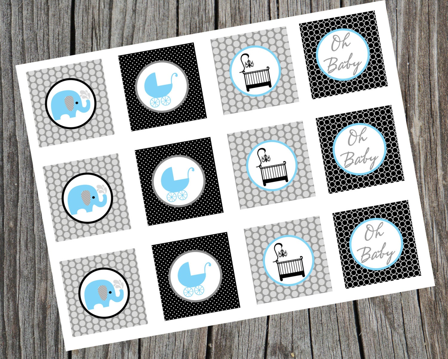 Instant Download Printable Blue Elephant Cupcake toppers. Blue Elephant Baby Shower Cupcake Toppers. Baby Boy Shower. Il_570xn