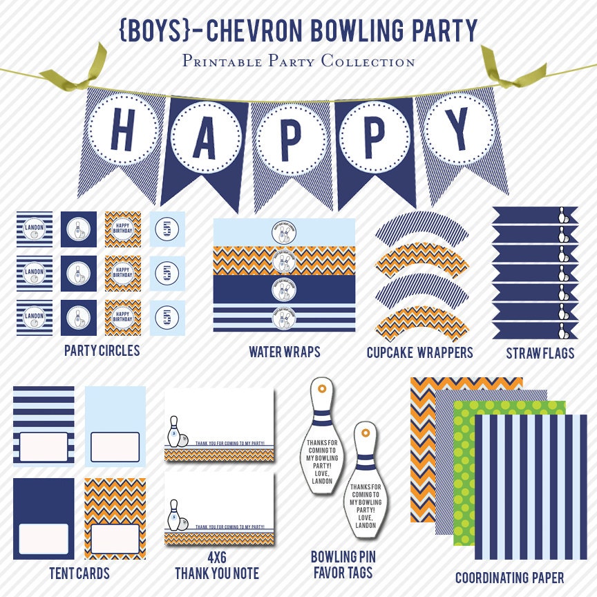 BOYS BOWLING CHEVRON Birthday Party Collection - Blue , Grey, Orange - Customized Party Package Il_570xn