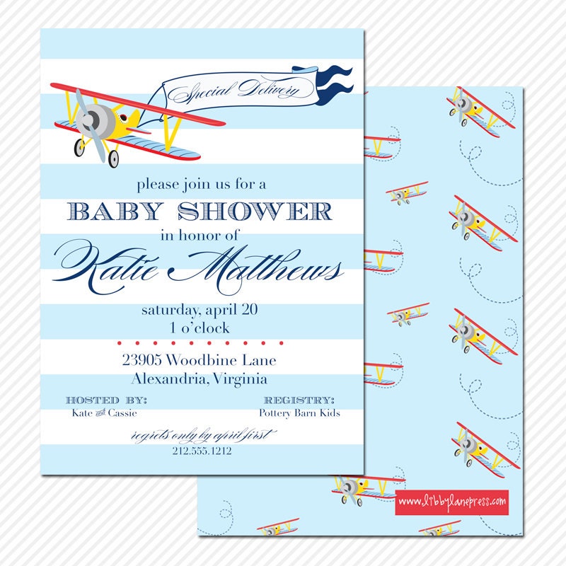 VINTAGE AIRPLANE Baby Shower Invitation, Pale Blue and Navy, Stripes ...