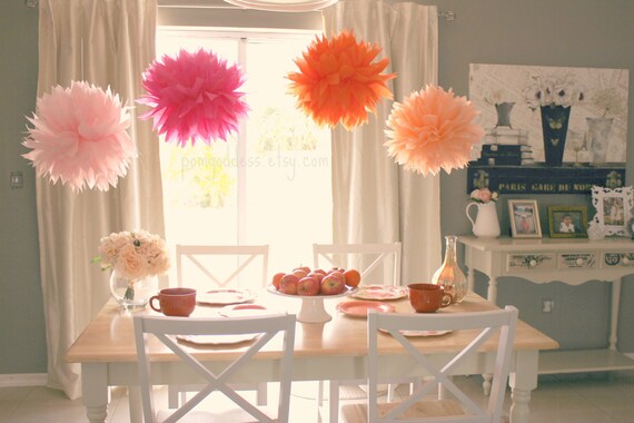 12 Tissue Pom Poms -Home Decor- Wedding Decor -It's A Girl-Summer Wedding- Girl Baptism - Chic Decor - Orange and pink wedding Il_570xn