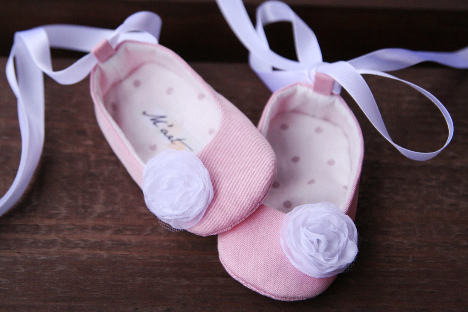 Baby girl shoes pink & white ballerina slippers, summer ballet flats, mary janes, wedding shoes - MartBabyAccessories