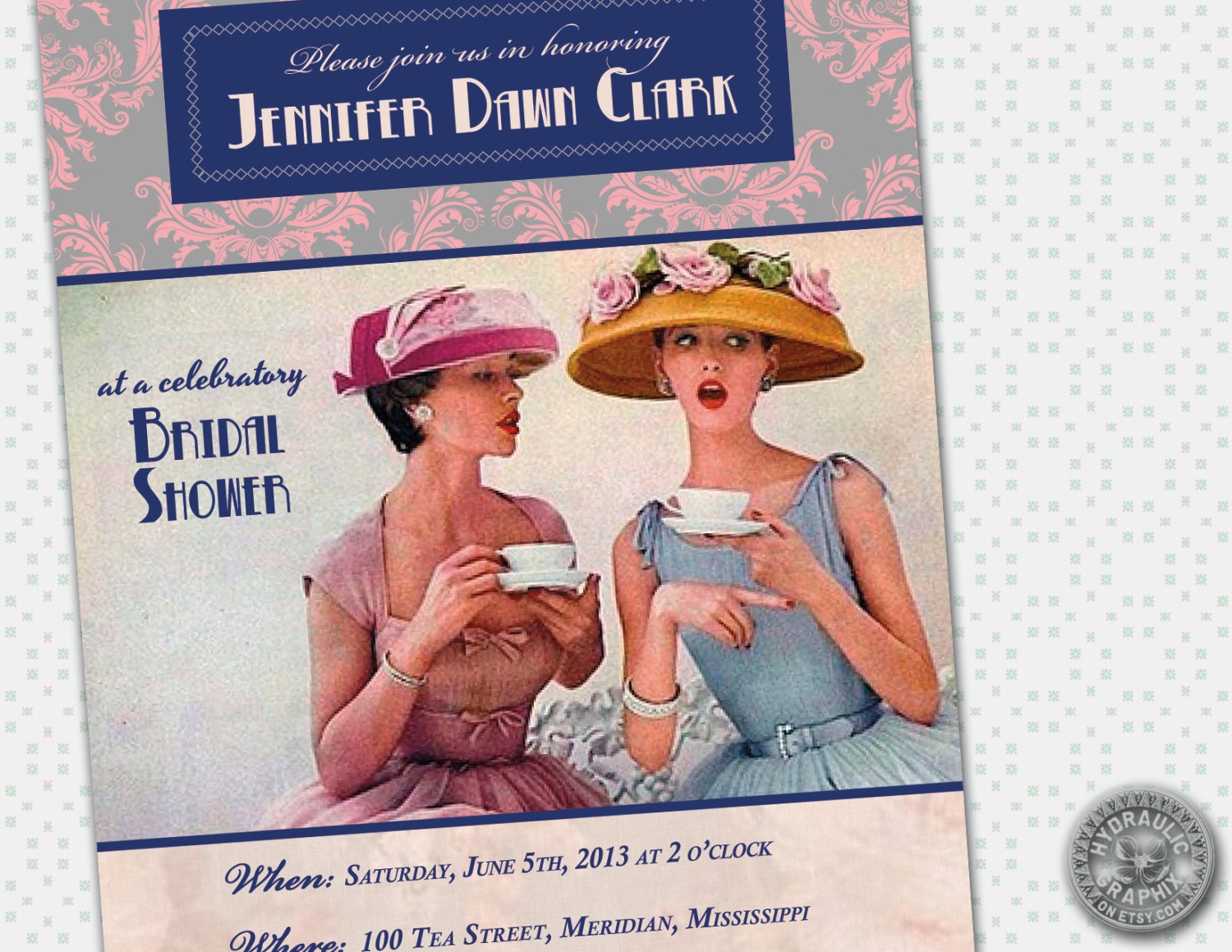 50's Tea Party Invitation for Bridal Shower, Birthday, Baby shower, Bachelorette Party with damask pattern Il_570xn