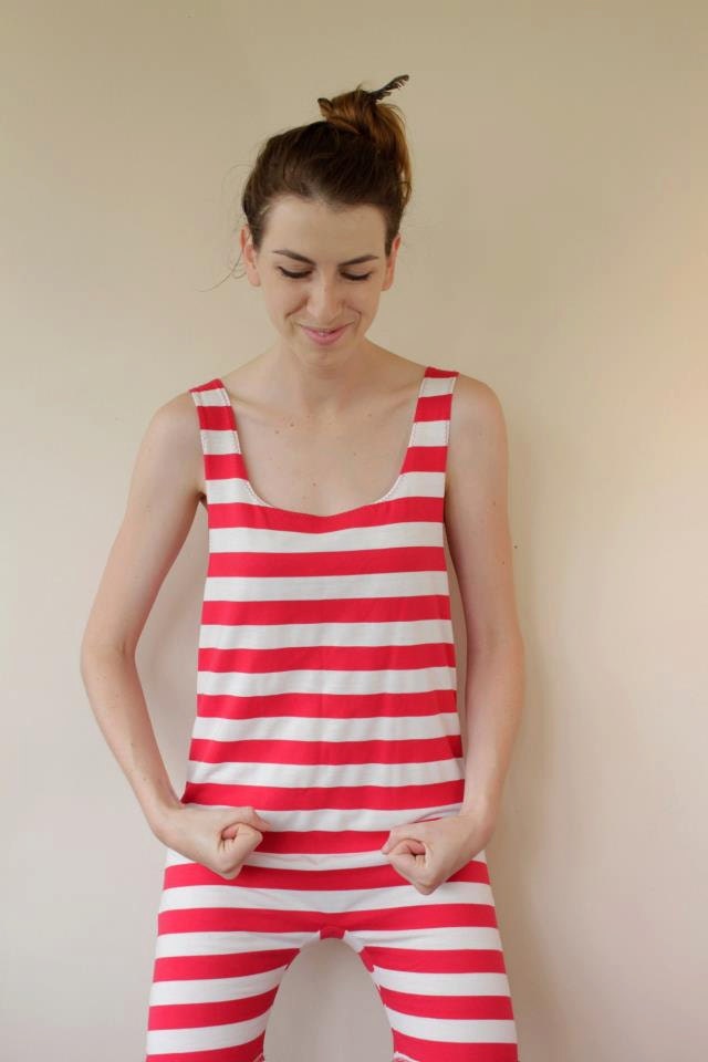 Red and White Striped Onesie - 1920's Knitted Cotton Swimsuit-Romper - XS - Last One Left