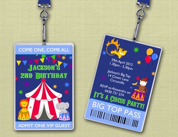 Personalised Circus Carnival Themed Birthday VIP Lanyard Invitations x 10 Il_570xn