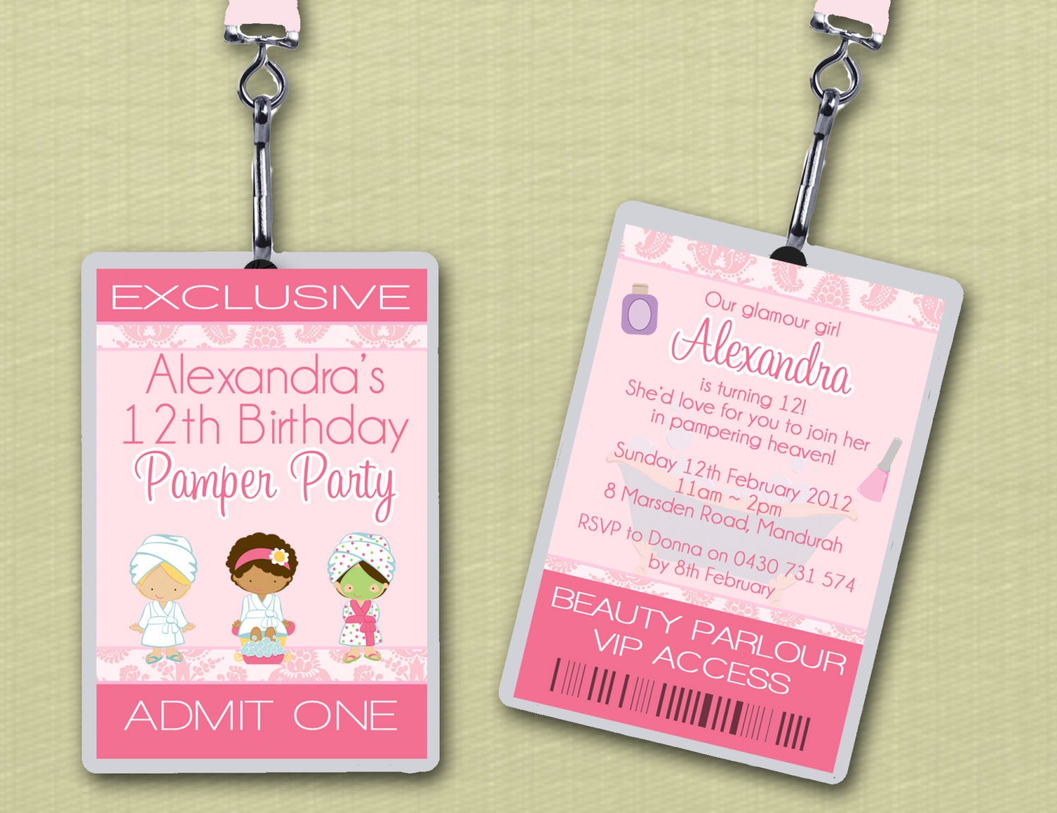 Personalised Pamper Spa Party VIP Lanyard Invitations x 10 Il_570xn