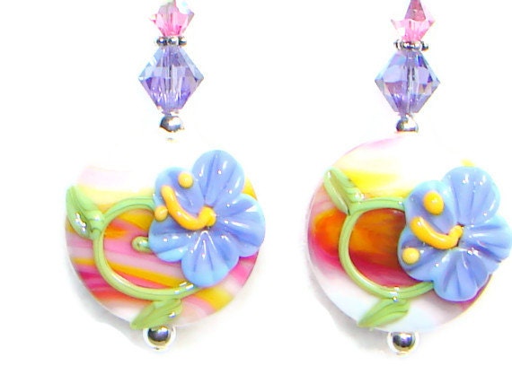 Hibiscus Earrings, Lampwork Earrings, Purple, Orange, Pink, Swarovski Crystal, Sterling Earrings, Flower Earrings
