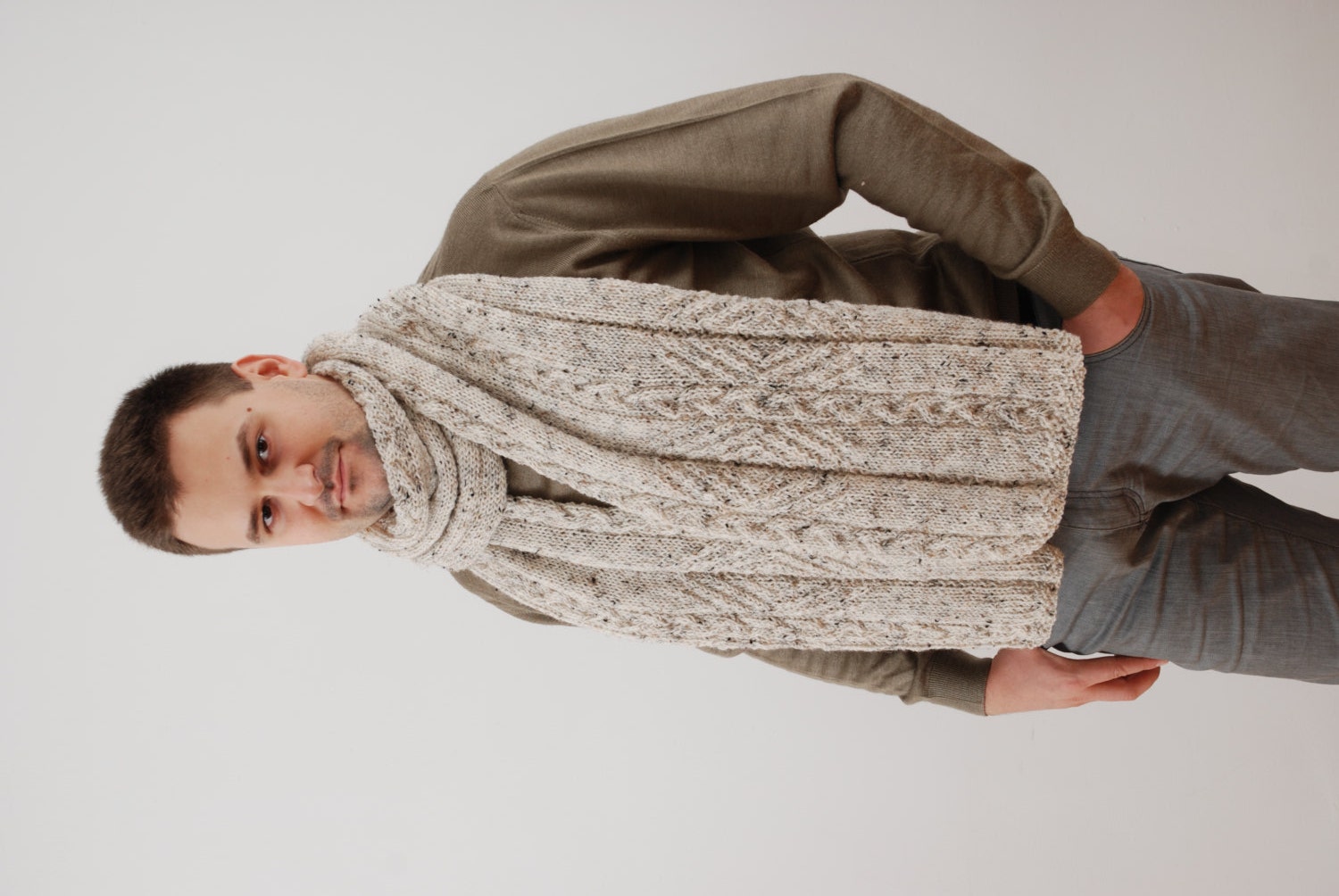 Hand Knit Men Scarf. Multicolour Mens Oatmeal / Off White Extra Long Winter Scarf. Winter Mens ...
